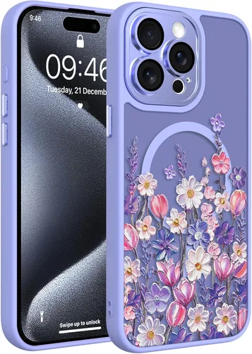 Vista 178 de Magnético para iPhone 13 con protector de pantalla [Compatible con MagSafe] Diseño de patrón floral de flores bonitas, funda delgada a prueba