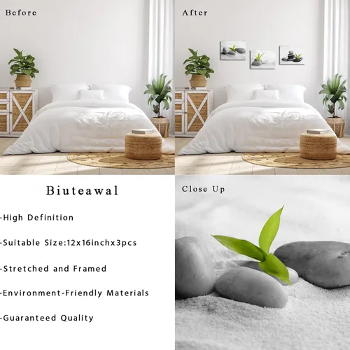 Vista 6 de Biuteawal 3 piezas de lienzo zen para decoración de baño, piedra zen con planta verde, impresión pacífica de naturaleza muerta, pintura moderna