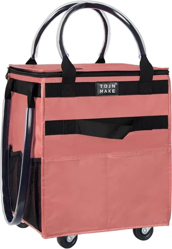 Vista 15 de Bolsa de comestibles reutilizable sobre ruedas, carrito de compras con 8 bolsillos y cubierta con cremallera, bolsa plegable con ruedas, asas