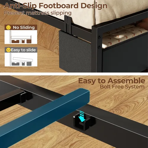 Vista 7 de Furnulem Base de cama de tamaño matrimonial con estación de carga y luces LED, cabecera tapizada de piel sintética, cama de plataforma de metal