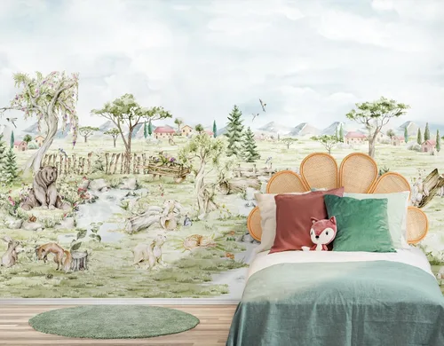 Vista 5 de Murwall Kids Woodland Animals Wall Mural Watercolor Village Wallpaper for Toddler Room Nursery Nature Wallpaper