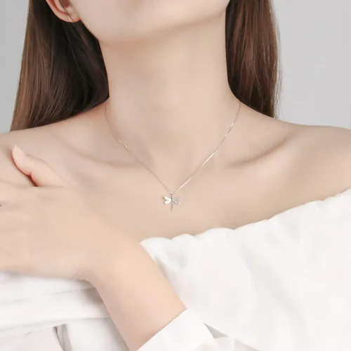 Vista 6 de Collar con dije de libélula de plata de ley para mujer, delicado collar plisado, oro rosa, regalo de joyería