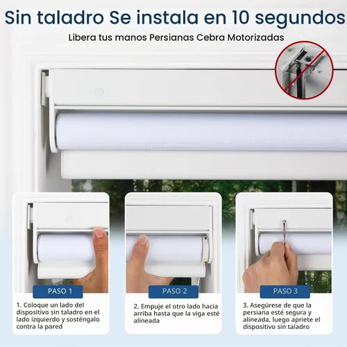 Vista 2 de Grandekor Persianas motorizadas de cebra con control remoto, sin taladro, sin herramientas, persianas de cebra inalámbricas de doble capa