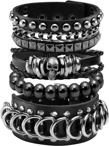 Vista 10 de Eigso Juego de pulsera punk de cuero negro para hombres y mujeres clásicas Vintgae tachonadas con picos de los años 80 para hombre y mujer