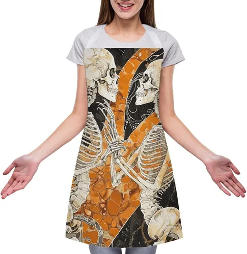 Vista 3 de MUSM Apron for Adults - 27.6 X 31.5 Inch, Heavy-Duty Polyester Aprons with Two Large Pockets, Waterproof Two Dancing Skeletons Kitchen Apron for
