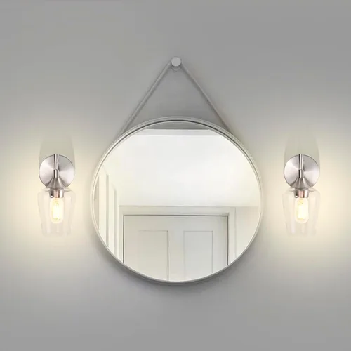 Vista 2 de Edvivi Lámpara de tocador de baño de 1 luz, níquel cepillado moderno con pantalla de vidrio transparente, apliques de pared para espejos, Latón