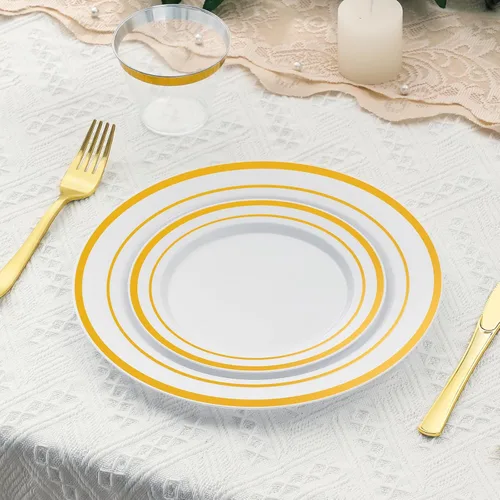 Vista 6 de AOZITA Juego de 200 piezas de platos de plástico dorados, platos desechables resistentes para fiesta y boda, incluye 100 platos de cena y 100 platos