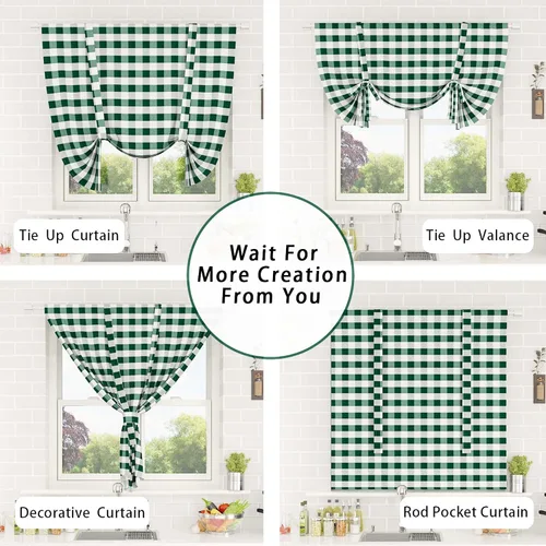 Vista 110 de Cenefas de cortina para ventana de 16 pulgadas de largo, 2 paneles de cuadros búfalo, cortinas pequeñas con bolsillo para barra, estilo clásico