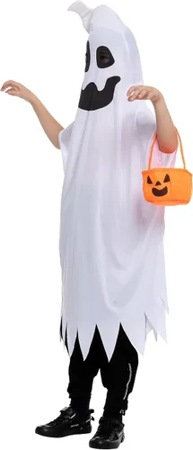Vista 2 de Spooktacular Creations Disfraz de fantasma con cuerno y cubo de calabaza para niños, Halloween, espeluznante truco o trato