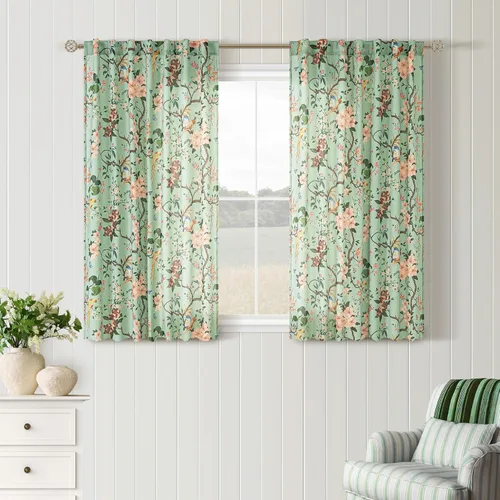 Vista 37 de Cortinas de lino de pájaro floral azul 2 paneles de 72 pulgadas de largo Aqua Blue