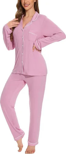 Vista 3 de Juego de pijama con botones para mujer, de manga larga, ropa de dormir suave, conjunto de ropa de descanso, tallas XS-XXL bean paste