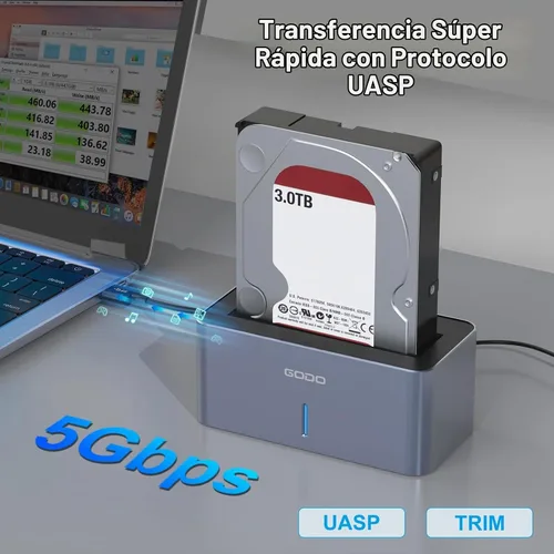 Vista 2 de GODO Adaptador de estación de acoplamiento para disco duro SAS/SATA, Caja externa SAS USB 3.0 de 2.5/3.5 pulgadas, convertidor HDD SSD con adaptador
