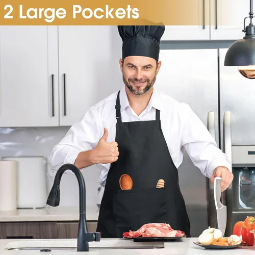 Vista 4 de Paquete de 3 delantales negros para mujer con bolsillos, delantal de cocina ajustable resistente al agua, babero unisex para chef, hombres y mujeres
