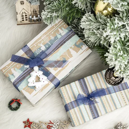 Vista 4 de RUSPEPA Papel de regalo de Navidad, papel kraft – reno, rayas y copos de nieve en diseño azul – 4 rollos – 30 pulgadas x 10 pies por rollo