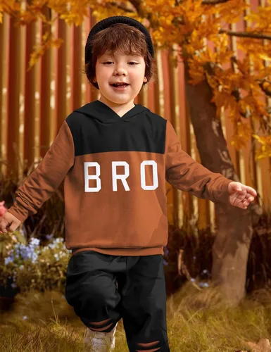 Vista 3 de Conjunto de ropa para bebé niño pequeño, sudadera con capucha de manga larga con estampado de letras, pantalones rasgados, conjunto de trajes