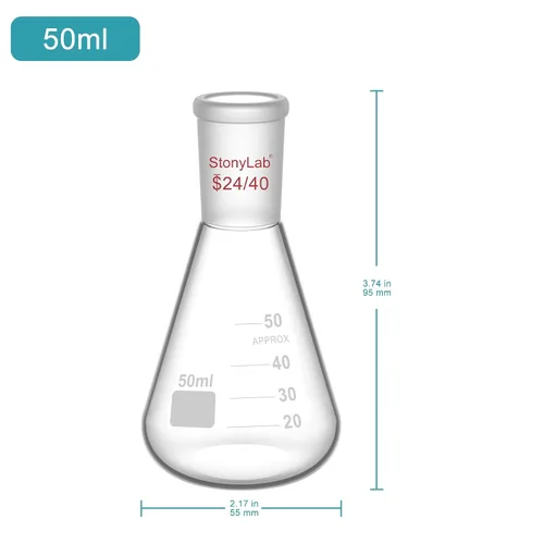 Vista 2 de StonyLab Frasco Erlenmeyer de vidrio 24/40, frasco de pared pesado de vidrio borosilicato con junta exterior cónica estándar 24/40, 1.7 fl oz