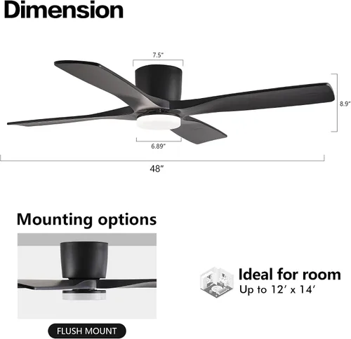 Vista 4 de WINGBO - Ventilador de techo de montaje empotrado de 48 pulgadas con DC, luces y control remoto, 4 aspas talladas reversibles de madera, motor DC