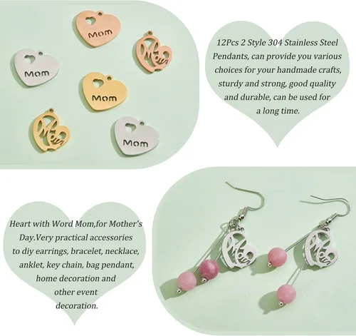 Vista 5 de PH PandaHall 12 dijes de corazón con mamá, 2 estilos de acero inoxidable de larga duración, cuentas de corazón de metal para bricolaje, collares