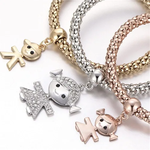 Vista 4 de Pulseras multicapa con dijes de cristal, 3 unidades, oro y plata, oro rosa, pulsera elástica en forma de corazón para mujer, árbol de la vida