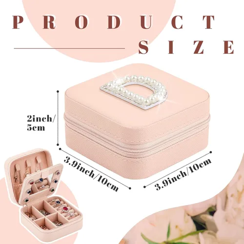 Vista 2 de Sweetude Joyero de viaje con inicial, mini organizador de joyas rosa con espejo, anillo de viaje, aretes, soporte de joyería para mujeres, niñas