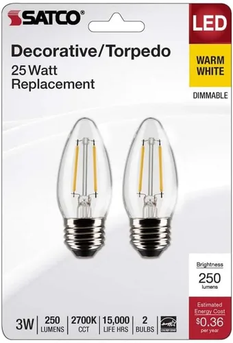 Vista 2 de Satco 21832-3B11/LED/927/CL/120V/E26/2CD Decorativa (S21832) Bombilla LED de punta roma