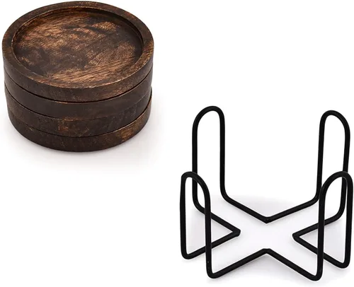 Vista 4 de SAMHITA Juego de 5 posavasos de madera de mango para bebidas con soporte de hierro, para vasos de bebida, protección de mesa para cualquier