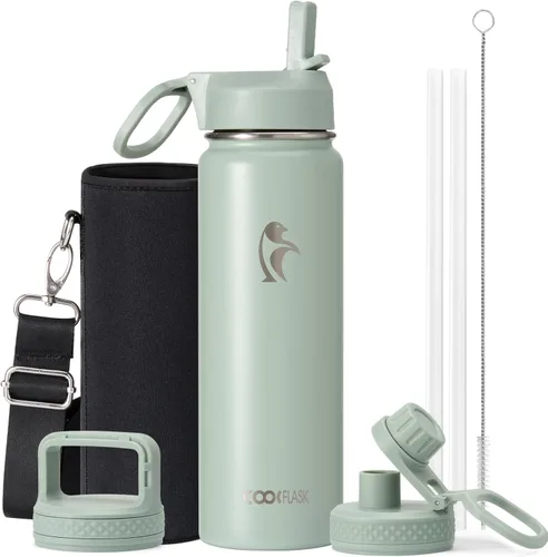 Vista 67 de Coolflask Botella de agua de 20 onzas aislada con pajilla, 3 tapas de metal de acero inoxidable, botella de agua de boca ancha para deportes u