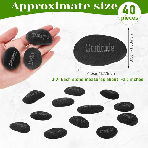 Vista 2 de Fabbay 40 piezas de rocas inspiradoras grabadas, piedras de aliento con palabras, juego de piedra natural de río a granel para decoración de jardín