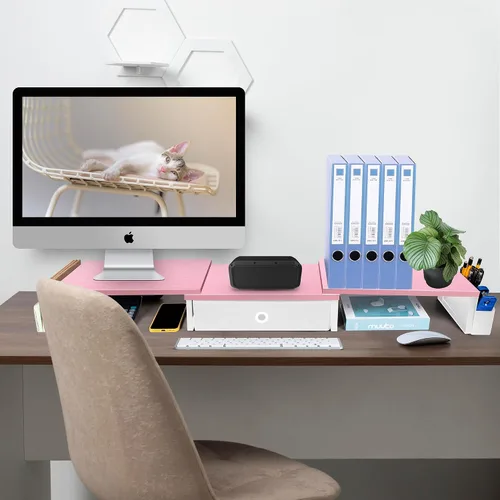 Vista 6 de Soporte elevador de monitor doble con cajón y pata de metal, estante de escritorio grande para 2 monitores con longitud y ángulo ajustables