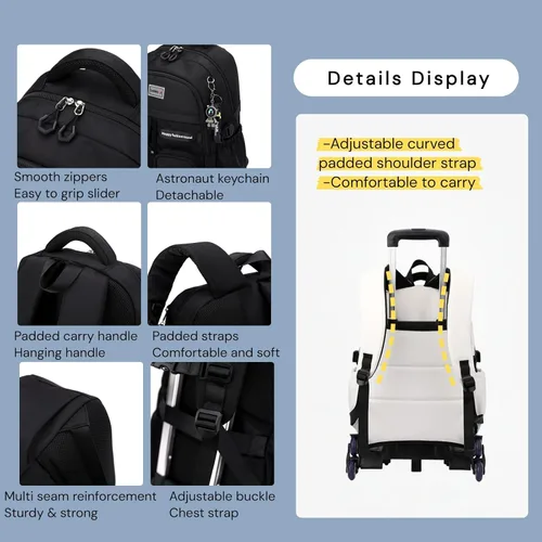 Vista 6 de MITOWERMI Mochila con ruedas para niñas y niños, Negro de 2 ruedas, Mochilas Daypack