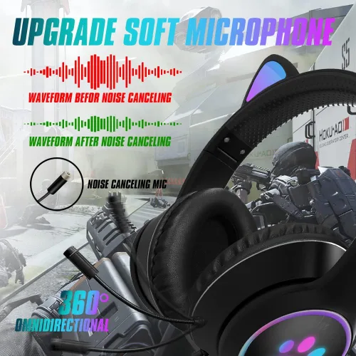 Vista 4 de Auriculares con cable AUX de 0.138 in para juegos con orejas de gato, con luz LED, para adultos y niños, niñas, niños, auriculares estéreo plegables