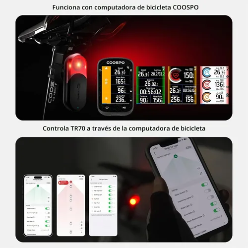 Vista 4 de CooSpo TR70 Luz Trasera de Radar para Bicicleta, Alertas para Vehículos a 140M, Destacado de Frenado Automático, 7 Modos de Iluminación, Batería