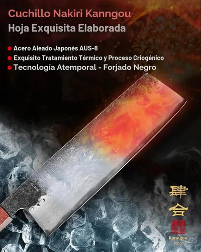 Vista 2 de kanngou Cuchillo Nakiri de chef japonés de 7 pulgadas, cuchillo de chef japonés AUS-8 de acero aleado vegetal con sándalo rojo y mango de madera