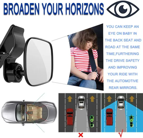 Vista 5 de JONMON Espejo retrovisor interior automotriz para bebé, pequeño clip ajustable orientado hacia atrás del asiento retrovisor, clip convexo