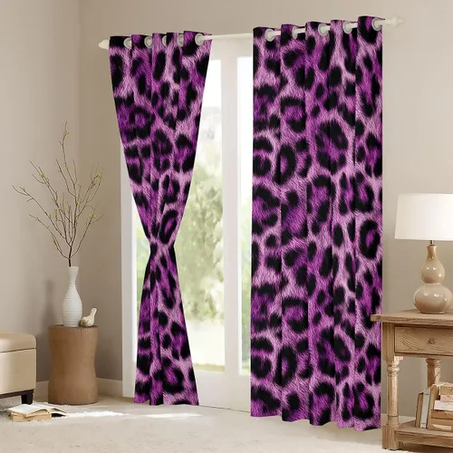 Vista 3 de Feelyou Purple Leopard Print Blackout Curtains Black Wild Safari Darkening Drapes for Bedroom Living Room Decor Cheetah Fur Wildlife Thermal