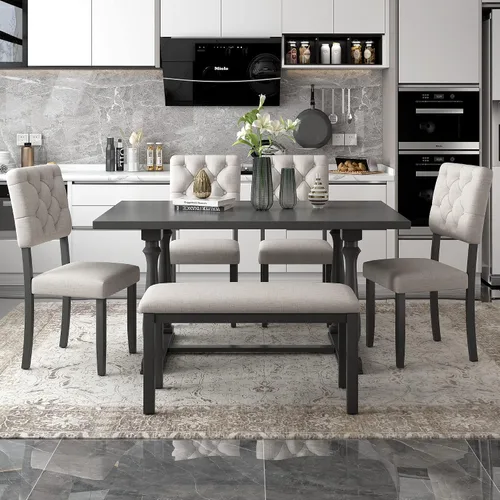 Vista 12 de Merax Juego de mesa de comedor de 6 piezas con banco, mesa rectangular de madera de 60 pulgadas con 4 sillas copetudas de respaldo alto y 1 banco