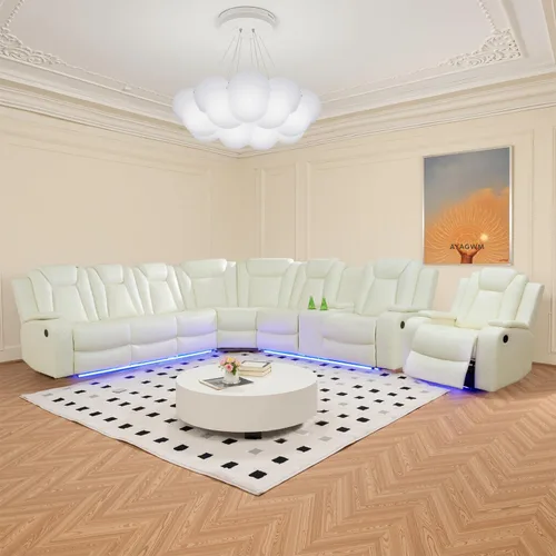 Vista 8 de Juego de sofá seccional reclinable con alimentación, juego de sofá modular reclinable de cuero negro en forma de L, sofá de cuero en forma de L