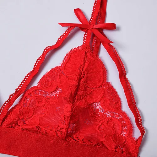 Vista 9 de Disfraces sexys para mujer, travieso, color sólido, lazo de encaje, corazón, hueco, traje de tres piezas, lencería cachonda