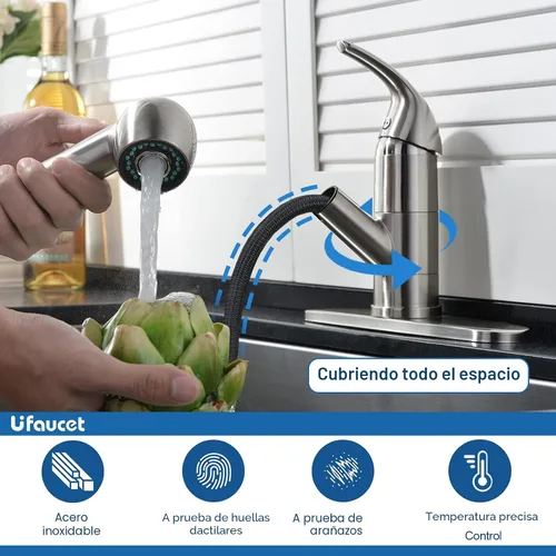 Vista 3 de Grifo de cocina de perfil bajo extraíble con rociador, grifo de fregadero de lavandería de acero inoxidable de una sola manija con níquel cepillado