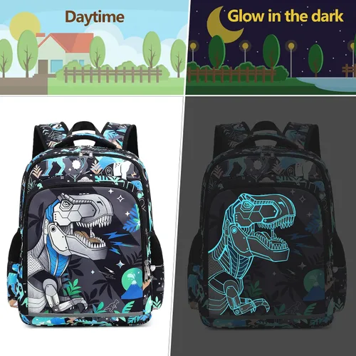 Vista 2 de CAMTOP Mochila infantil para escuela, niños y niñas, preescolar y primaria, Dinosaurio, Compacto