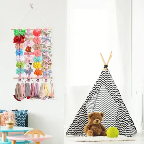 Vista 7 de OAOLEER Organizador de lazo para el pelo para niñas, pinzas para el pelo, diadema, organizador de almacenamiento para colgar en la pared, decoración