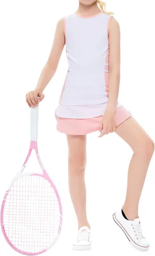 Vista 4 de Traje de golf y tenis para niños y niñas, vestido sin mangas, camiseta sin mangas, pantalones deportivos, con bolsillos cortos, 3-12 años