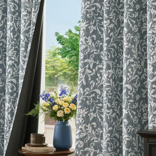 Vista 8 de jinchan Cortinas opacas para dormitorio, cortinas azules con estampado floral de volutas de 84 pulgadas de largo para sala de estar, cortinas