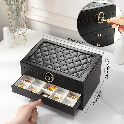 Vista 3 de Organizador de joyas con cuero sintético caja de joyería para mujer caja de joyería grande con cerradura y llave almacenamiento de collares anillos