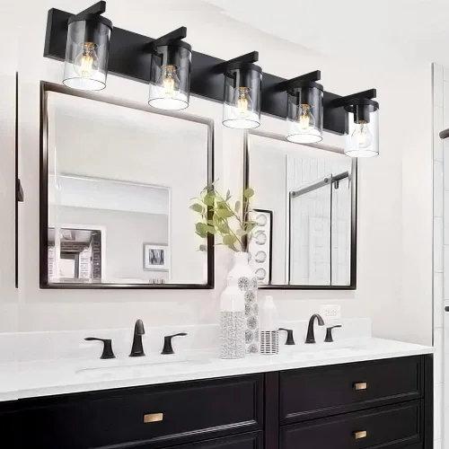 Vista 12 de BONLICHT Lámpara de pared de níquel cepillado de 2 luces con pantalla de cristal transparente, luces industriales de baño para interiores sobre