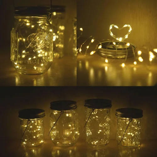 Vista 6 de Luces solares para tarros de masón, paquete de 8 tiras de luces impermeables con 8 ganchos para patio, jardín, fiesta, boda, decoración de Navidad