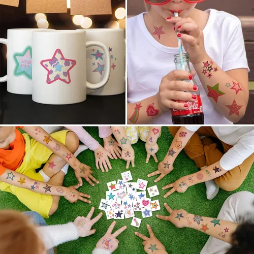 Vista 5 de CHARLENT Tatuajes temporales de estrellas con purpurina para niños, 74 hojas individuales, impermeables y fáciles de despegar, perfectos