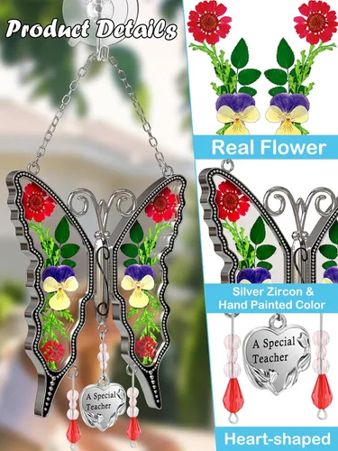 Vista 7 de KY &BOSAM - Atrapa luz de vitral con mariposa de color, con la frase A special teacher. Campanilla para el viento, como regalo para la profesora
