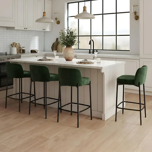 Vista 15 de 26 Inch Counter Height Bar Stools Set of 2, Modern Barstools, Beige Breathable Linen Upholstered Counter Stools, Ergonomic Backrest, Black Metal
