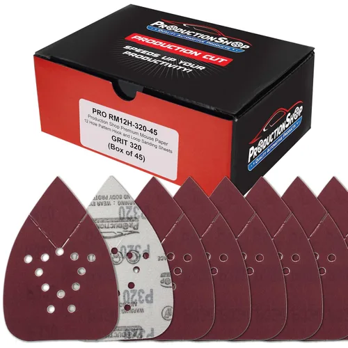 Vista 7 de ProductionShop Hojas de papel de lija premium para lijadora de detalle con patrón de ratón de 12 agujeros, paquete variado de 50 discos, granos 40